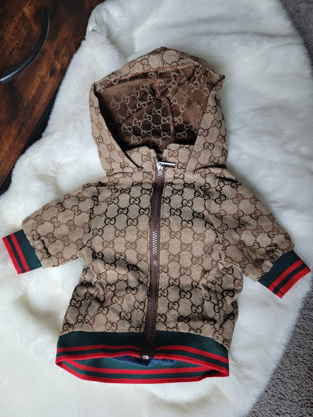 Stylish Brown Monogram Dog Hoodie Zip Sweatshirt